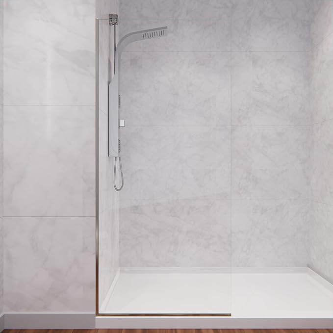 ANZZI 74 X 34 Inch Frameless Fixed Glass Shower Screen Shower Door in Brushed Nickel, Screen Water Repellent Clear Tempered Glass Single Panel for Shower Room, Glass Screen Frame Hardware Complete Kit