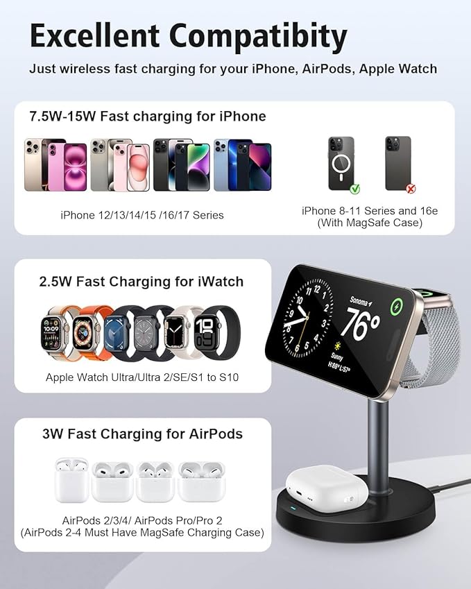 3 in 1 Wireless Charging Station for Apple Magsafe Charger Stand,15W Fast Magnetic Charging Station for iPhone 17 Air 16 15 14 13 12 11 Series, Watch Ultra & AirPods Apple Devices, Cell Phone Dock
