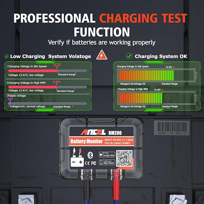 ANCEL BM200-US Car Battery Tester 12V Automotive Battery Monitor Bluetooth Auto Battery Load Tester with Cranking Charging Test Alarm Record Voltage History Voltmeter for Car/RV/Motorcycle/Truck/Boat