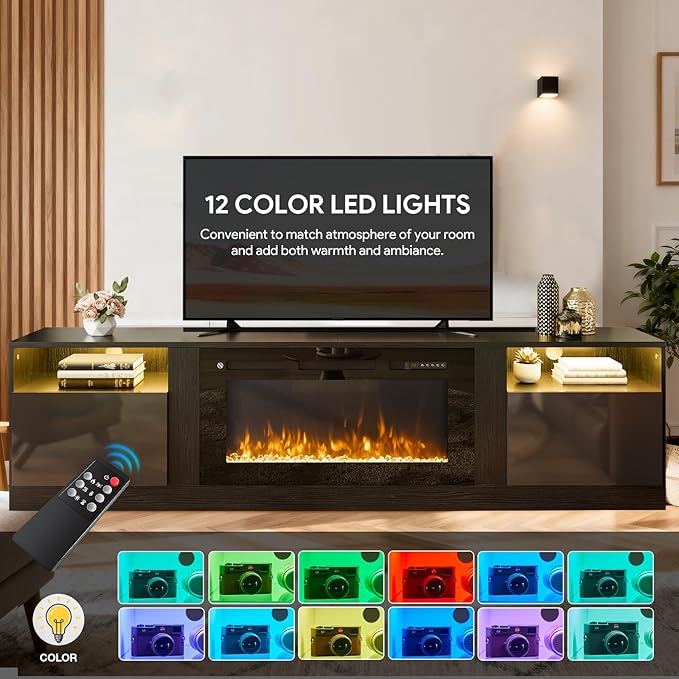 YISUFO 80” TV Stand with 36” Electric Fireplace, Large Modern Media Entertainment Center with Storage Cabinet and 12 Colors LED Lights for TVs Up to 90",All Black