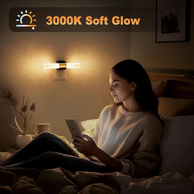 JandCase LED Night Light, Night Lights Plug into Wall, 3000K Soft White, 0-100LM Adjustable Brightness, 180° Rotating Plug in Night Light with Auto Light Sensor for Bedroom Bathroom Hallway