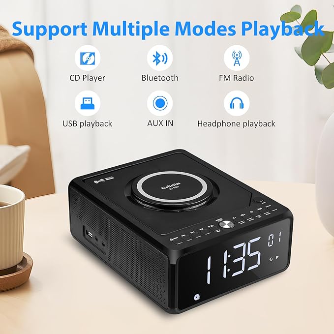 Gelielim CD Player Alarm Clock Radio, CD Players for Home, Desktop Portable CD Player with Bluetooth,10W Wireless Charging,FM/AUX/USB/Timer/Dimmer/Remote Control, Boombox Clock Radio with CD Player