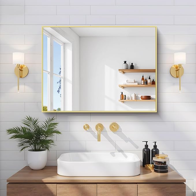 Gold Bathroom Mirror for Wall, 18x24 Inch Rectangle Mirror with Metal Frame, Modern Vanity Mirrors for Bathroom Living Room, Entryway Hangs Horizontal or Vertical