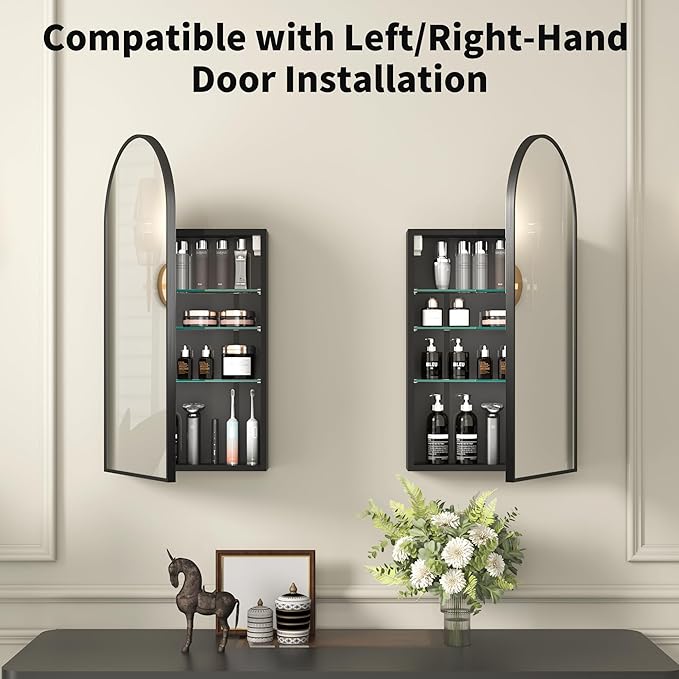 16 x 32 Black Bathroom Medicine Cabinet with Mirror,Arched Medicine Cabinet with Mirror,Assembly Required,Bathroom Mirror with Storage,Wall Mounted Medicine Cabinets with Adjustable Shelves