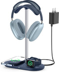 HiWe 3-in-1 Headphone Stand - Universal Desktop Gaming Headset Holder with Wireless Charger for Phones/AirPods/iWatch, Aluminum Alloy Rod, Leather Pad, ABS Solid Base, Blue
