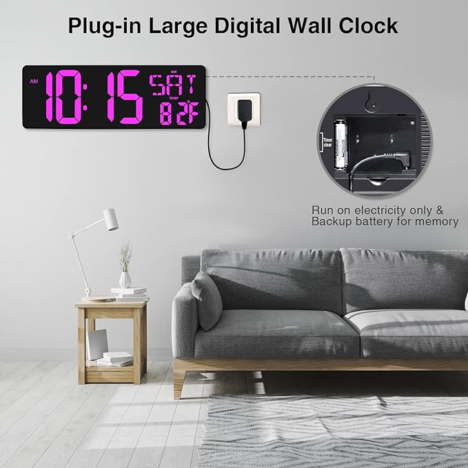 XREXS Large Digital Wall Clock with Remote Control, 16.5 Inch LED Large Display Count Up & Down Timer, Adjustable Brightness Alarm Clock with Day/Date/Temperature for Living Room, Bedroom, Office, Gym