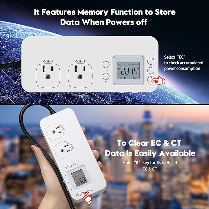Electricity Usage Monitor, Briidea Power Consumption Watt Voltage Amp Meter Tester with 2 Outlets Electricity Analyzer Monitoring Device for Energy Saving, White