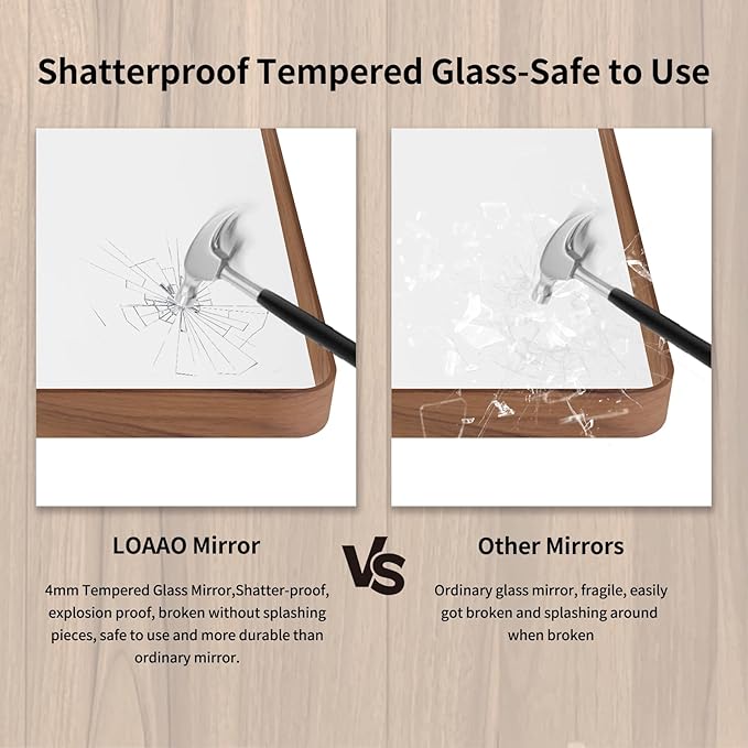 LOAAO 77X36 Inch Bathroom Mirror with Wood Grain Colored Metal Frame, Rounded Rectangle Metal Framed Bathroom Mirror, Anti-Rust, Hangs Horizontally or Vertically, Tempered Glass