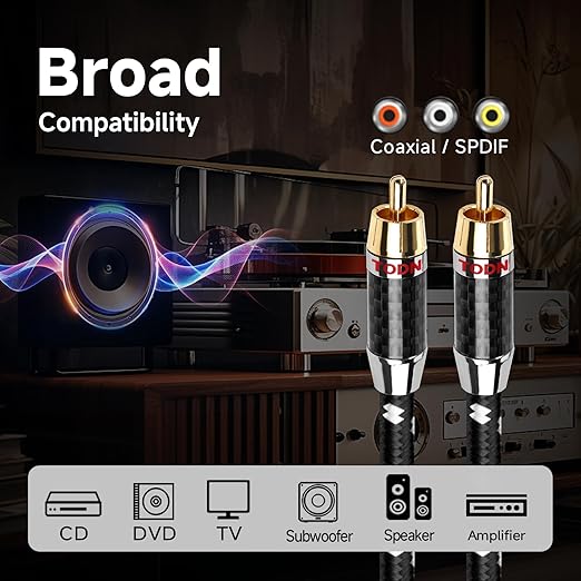 TODN 75-Ohm Coaxial Digital Audio Cable Audiophile 24K Gold-Plated RCA Male Connector SPDIF Coax Cable with OCC-Core, Dual Shielded for Subs/TVs/Apms (4.9ft /1.5m)