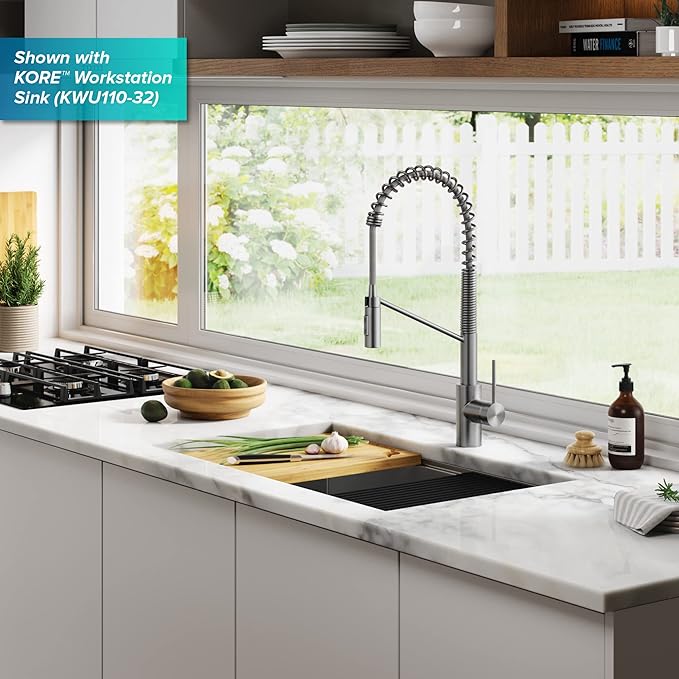 KRAUS Oletto Commercial Style Single Handle Pull Down Kitchen Faucet with QuickDock Top Mount Installation Assembly in Spot Free Stainless Steel, KPF-2631SFS