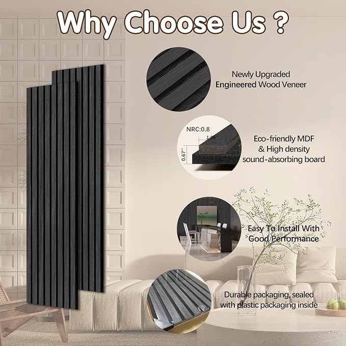 ARMURO Wood Panels for Wall - 2 Pack Black Panels for Wall Decor - Black Oak Wood Veneer Sound Absorbing Panel - Black Wall Panels 12.6" W x 94.5" L