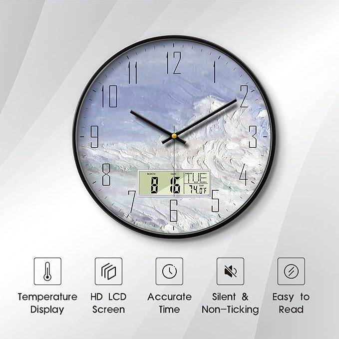 SCOAGE Digital Wall Clock Battery Operated with Day and Date Temperature Blue White Wave Calendar Clock with Large Display Silent for Room Bathroom Bedroom Living Room Farmhouse Decor 14 Inch