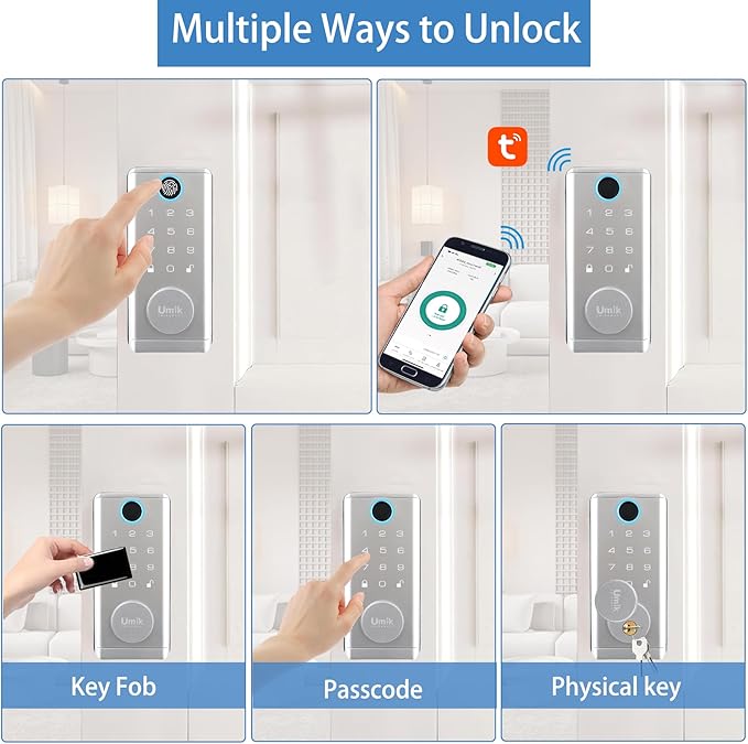 UMIK UMIKSMART Fingerprint Smart Door Lock with Heavy Duty Handleset, Keyless Entry Door Lock, Electronic Keypad Deadbolt Locks, App Control for Front Door, Home (Matte Silver)