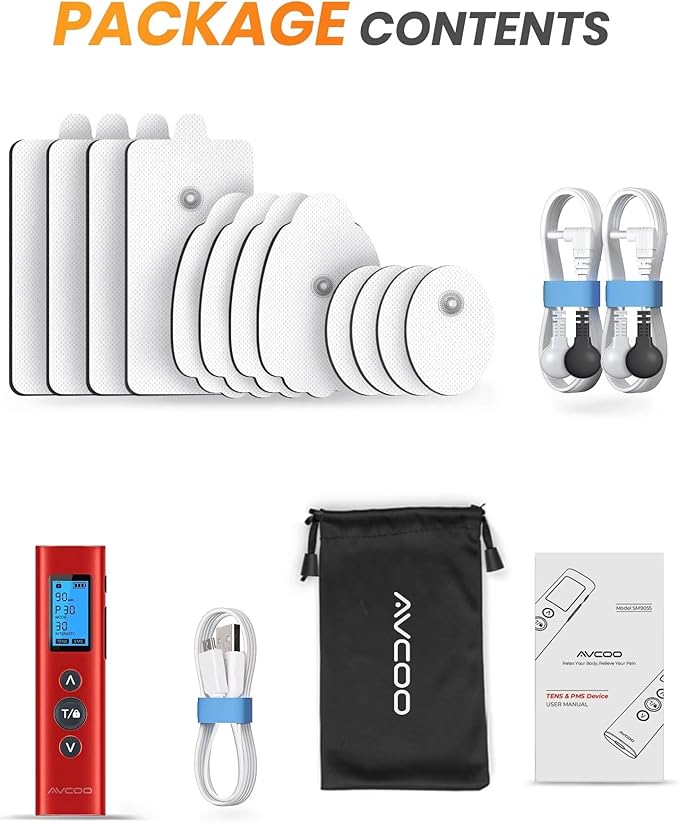 AVCOO 30 Modes TENS EMS Unit Compact Muscle Stimulator for Pain Relief, Rechargeable & Portable Dual Channel Muscle Stimulator with 30 Intensity Levels and 12 Electrode Tens Unit Replacement Pads Red