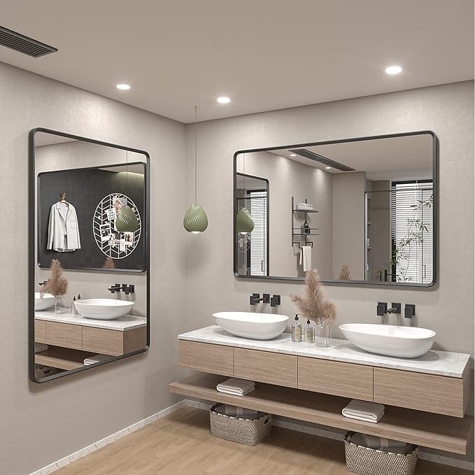40x36 Inch Black Metal Framed Bathroom Mirror for Wall, Black Rounded Rectangle Mirror, Matte Black Bathroom Vanity Mirror, Anti-Rust, Shatterproof, Hangs Horizontally or Vertically