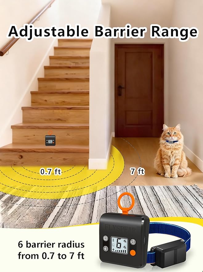FLYSPEAR Wireless Cat Barrier - Rechargeable Indoor Barrier with 6 Adjustable Range Radius up to 7 ft, 6 Adjustable Safe Static Intensity for Cats Small Dogs with Hook (Wireless Barrier Kit)