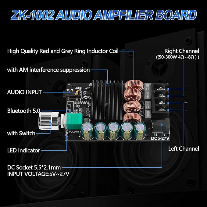 ZK-1002 Bluetooth 5.0 Audio Amplifier Board, 100W x 2 2.0 Channel Mini HiFi Power Amplifier Receiver with Volume Control, BT and AUX Inputs, DC 5-27V Stereo AMP Module for Home DIY Speakers