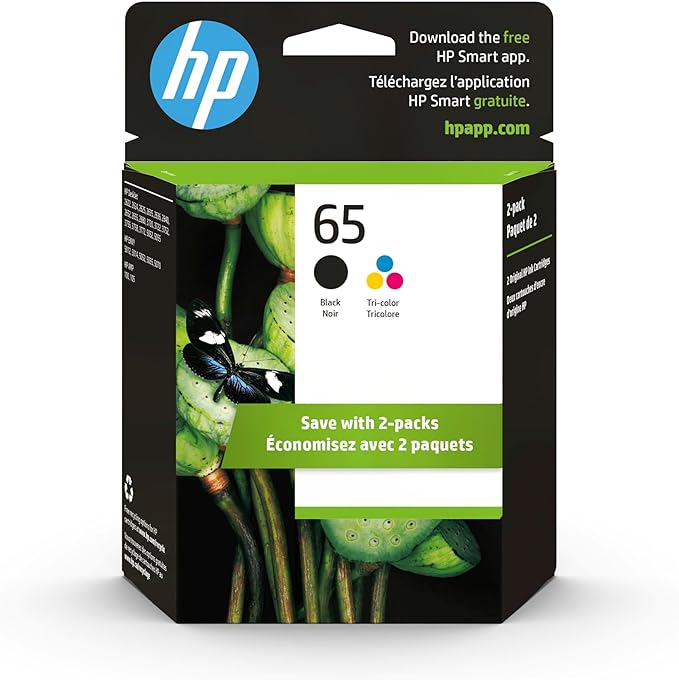HP 65 Black/Tri-Color Ink Cartridges Printers (2-Pack) | Works with Printer Series: AMP 100, DeskJet 2600, 3700, Envy 5000 | Eligible for Instant Ink | T0A36AN, Pack of 24