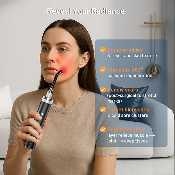 HomeCare 5-in-1 Red Light Therapy Wand, Portable Handheld Red Light Therapy Device for Body & Face Care, 5 Wavelengths & 10Hz Pulse, 4 Light Modes for Home Wellness, Rechargeable with Memory Function