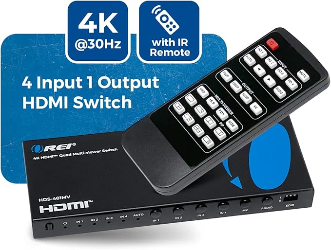 OREI Quad Multi HDMI Viewer 4 in 1 Out HDMI Switcher 4 Ports Seamless Switcher and IR Remote Support 4K @ 30Hz 1080P for PS4/PC/DVD/Security Camera, VGA Output - HDS-401MV