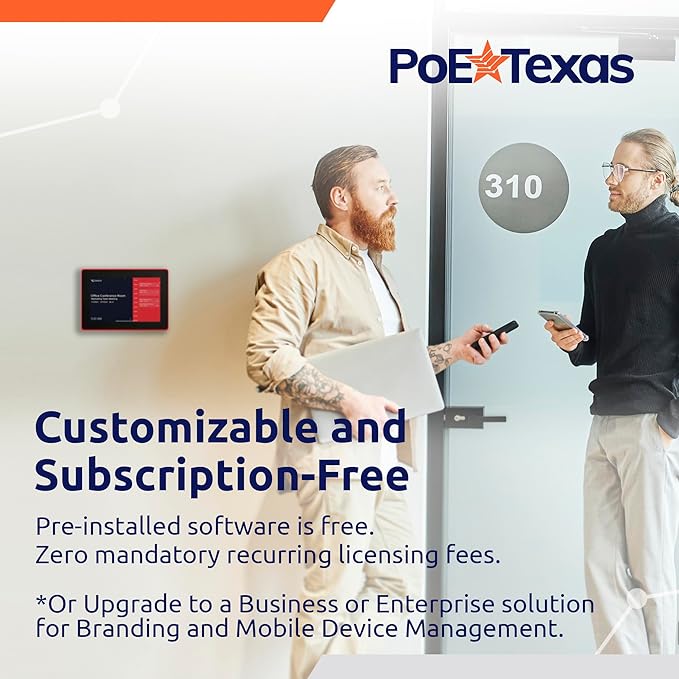 PoE Texas 8" Conference Room Scheduler with Color Changing LED Status - PoE Powered Touch Screen Tablet for Meeting Room Booking - Syncs with All Popular Business Calendars - No Subscription Required