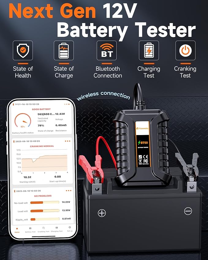 Bluetooth Car Battery Tester Foxwell BT60, 12V Battery Load Tester, Cranking Charging System Analyzer Fit for Android/iPhone & FOXWELL NT7/8/9 Series, 100-2000CCA Alternator Tester for Car Truck SUV