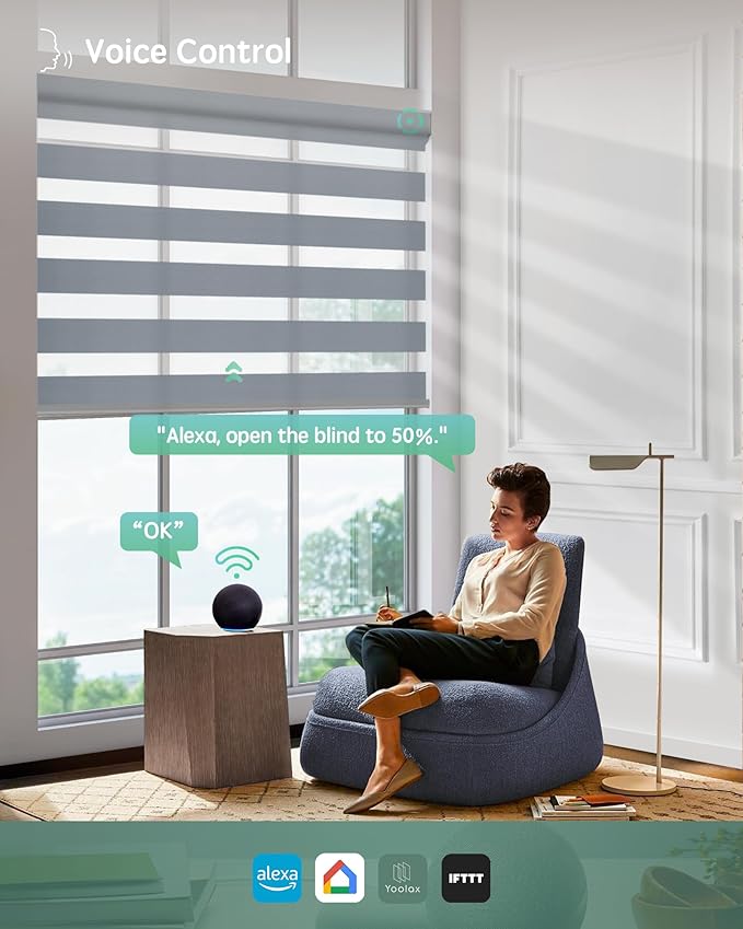Yoolax Motorized Zebra Blinds Works with Alexa, Motorized Blinds with Remote Custom Size, Privacy Electric Zebra Shades for Windows (95% Shading Grey)