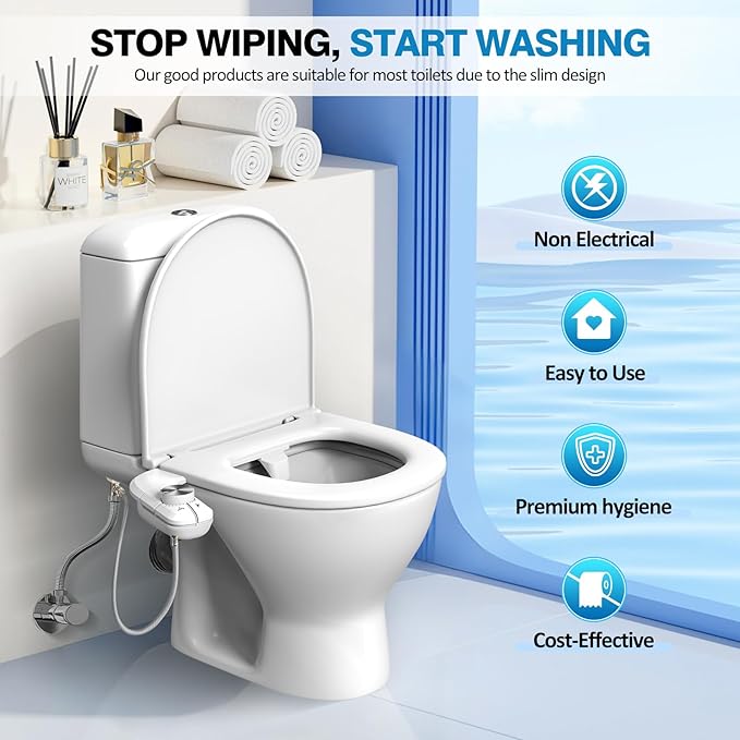 Non-Electric Bidet Attachment for Toilet, Ultra Slim Self-Cleaning Retractable Dual Nozzles for Rear & Feminine Wash, Adjustable Water Pressure,Stainless Steel Inlet