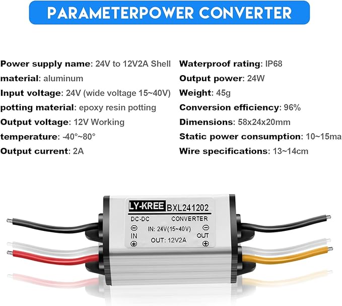 2 Pcs Dc 24v to 12v 2a 24w Step Converter Voltage Reducer Regulator Down Waterproof Dc 24v to 12v Buck Boost Converter for Golf Cart,Accept Dc15-40v Inputs(2 Pieces)