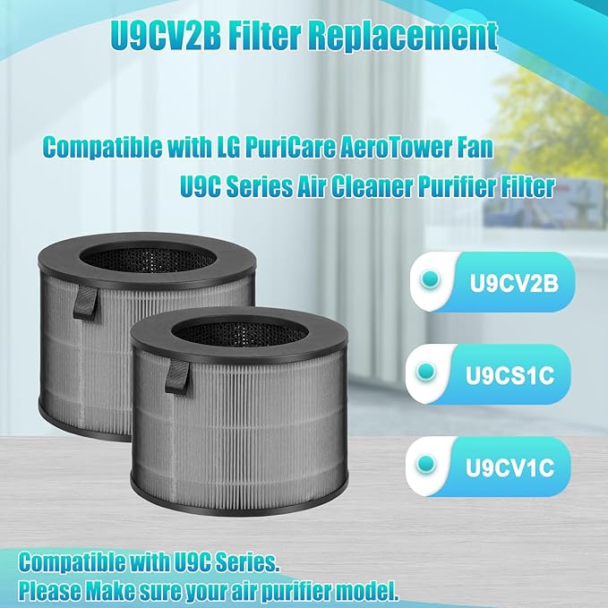 U9CV2B Filter Replacement-Compatible with LG PuriCare AeroTower Fan U9C Series U9CV2B,U9CS1C,U9CV1C Air Cleaner Purifier Filter,3-in-1 Ture Filter and Activated Carbon Filter(U9CV2B 2Pack)