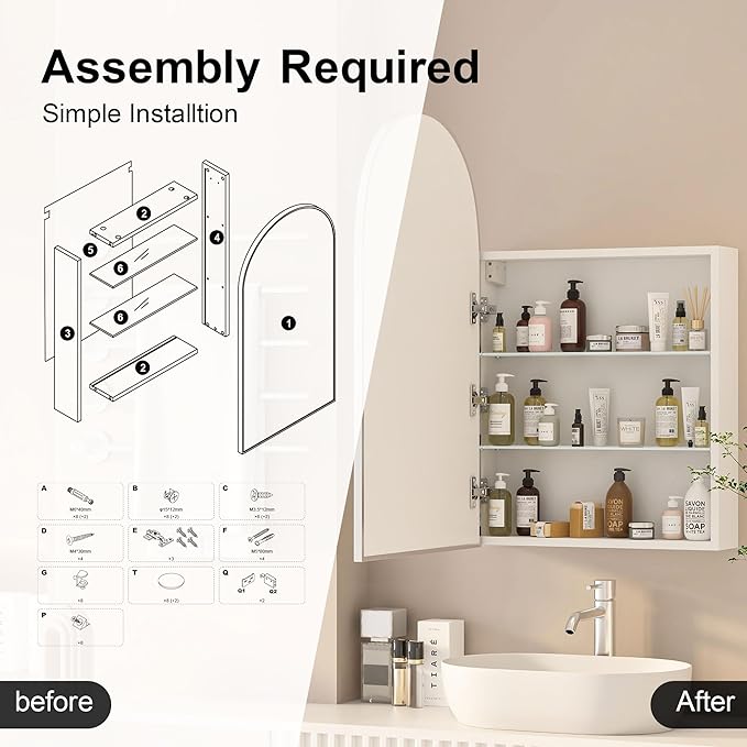 Arched Medicine Cabinet with Mirror,Brushed Nickel Mirror Cabinet with Storage,Adjustable Shelves, Wall Mounted Only, Modern Bathroom Storage,20x32 Inch