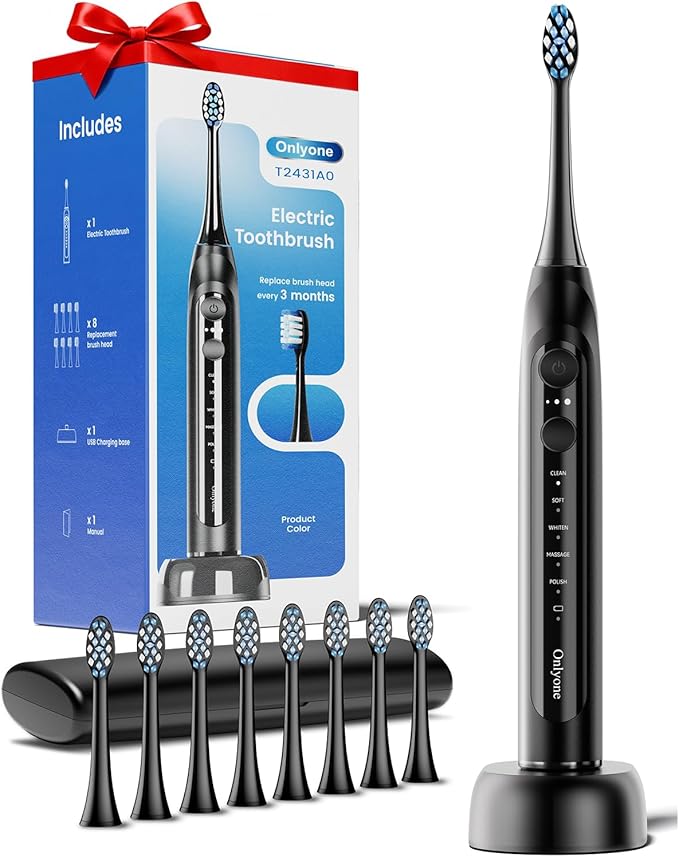 Onlyone Sonic Electric Toothbrush for Adults, Rechargeable Ultrasonic Electric Toothbrush with 8 Brush Heads, Travel Case, Charging Base & Wireless Charging - 5 Modes with Smart Timer