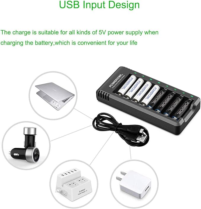 POWEROWL Rechargeable AA Batteries with Charger, 8 Pack of 2800mAh High Capacity Low Self Discharge Ni-MH Double A Batteries with Smart 8 Bay Battery Charger (USB Fast Charging, Independent Slot)