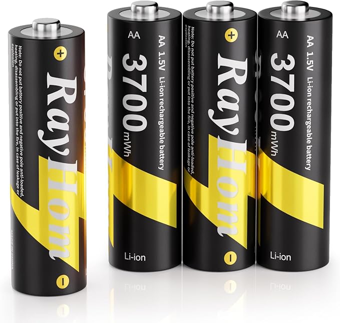 4 Pack AA Lithium Rechargeable Batteries, 3700mWh High Capacity, 1.5V Constant by RayHom
