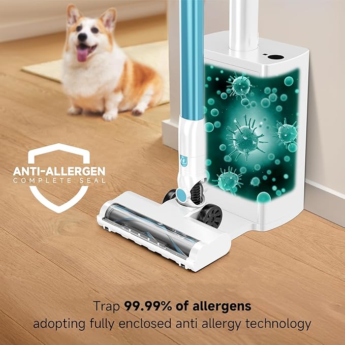 AKAVAC Cordless Stick Vacuum Cleaner with Auto Empty System Self-Charging Base, Powerful Suction for Pet Hair on Carpet & Hardfloor, Lightweight Anti-Tangled Handheld Vacuum, HEPA Filtration, Blue