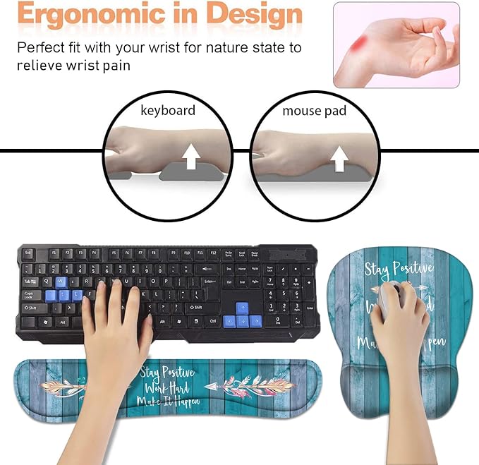 Mouse Pad Wrist Support and Keyboard Wrist Rest Set with Coasters, Stay Positive Work Hard and Make It Happen Inspirational Quote Non-Slip PU Base Ergonomic Mousepad for Home Office Working Studying
