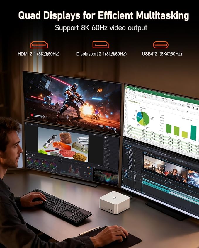 Beelink Mini PC, GTR9 Pro AMD Ryzen AI Max+ 395 CPU (126 Tops), 128GB RAM 2TB Crucial SSD, Mini Computer 10GbE Dual LAN/WiFi 7+BT5.4/8K Quad Display/USB4.0 * 2/SD Card Slot/DeepSeek 70B