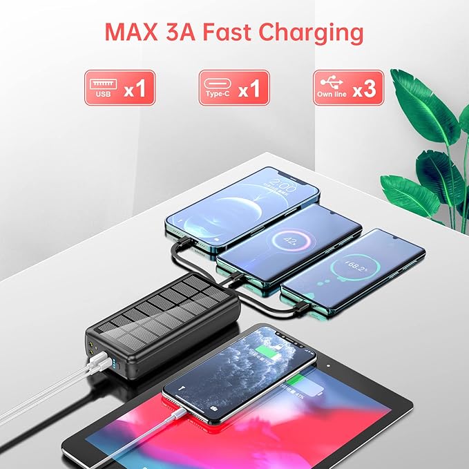 boogostore Portable Charger with Built in Cable and Wall Plug 50000mAh PD30W Fast Charging Solar Power Bank with 5 Output & 2 Input Dual LED Flashlights Phone Holder External Battery Pack (Black)