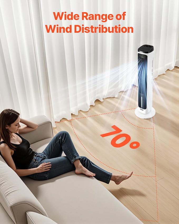 VEVOR Evaporative Air Cooler, Standing Fans that Blow Cold Air, 23.3ft/s 70° Remote Oscillating Tower Fan w/ 9-Speed 4 Mode, 24H Timer, Swamp Cooler, Portable AC Fan for Bedroom, Office