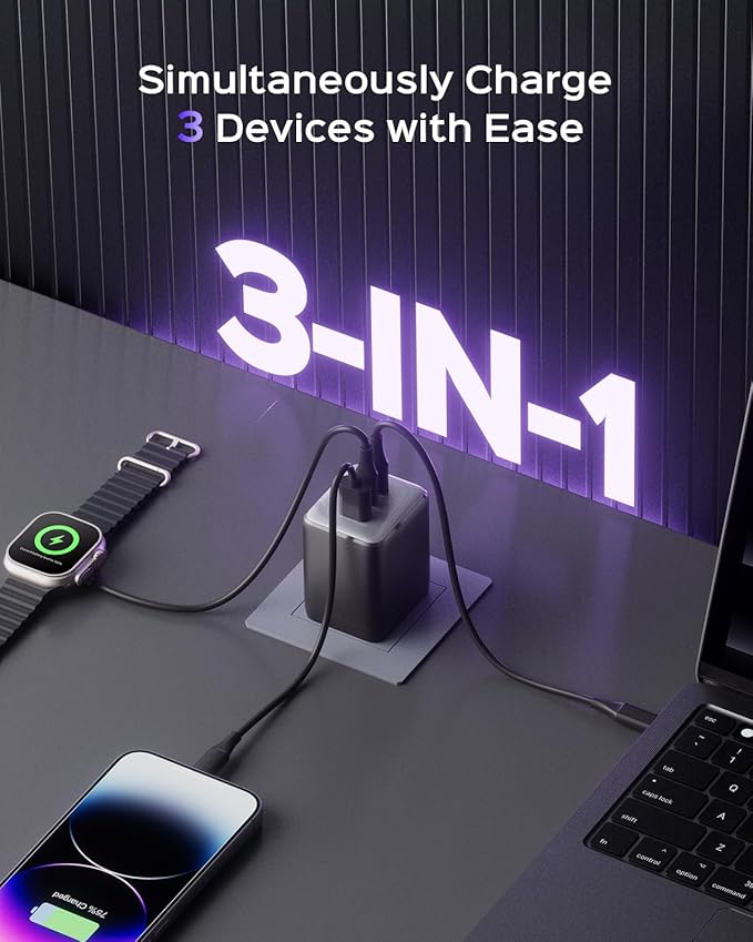 wegear 100W USB C Charger Block, 3-Port Compact Foldable Power Adapter USB Wall Charger for MacBook Pro/Air, Dell XPS, iPad Pro, iPhone Series, Galaxy S25/S24, and More (Black)