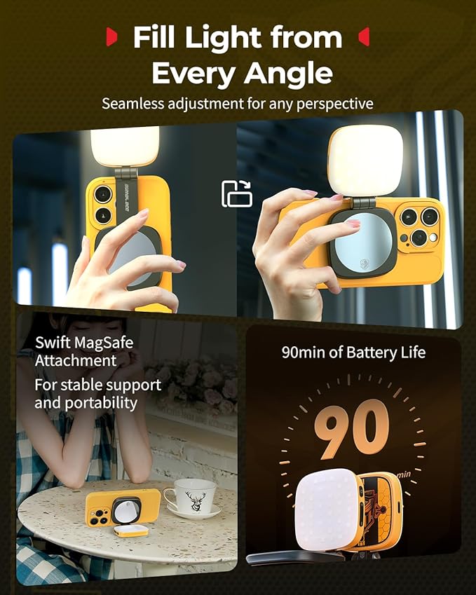 SmallRig Magnetic Selfie Light for iPhone, Phone Light with a Mirror, Instant Attachment for MagSafe, for Selfies, Video Conference, Vibe P48 Bumblebee Edition - 5513