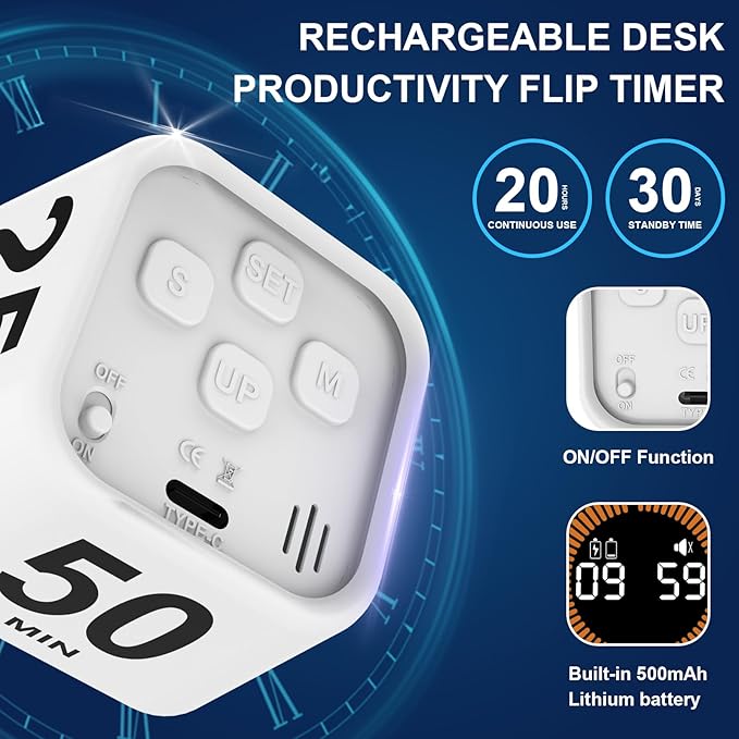 Rotating Cube Pomodoro Timer 5, 25, 10, 50 Min Preset + Custom Countdown, Desk Productivity Flip Visual Timer w/Silicone Case, Silent Mode, Ideal for ADHD Tool Study Work School (White)