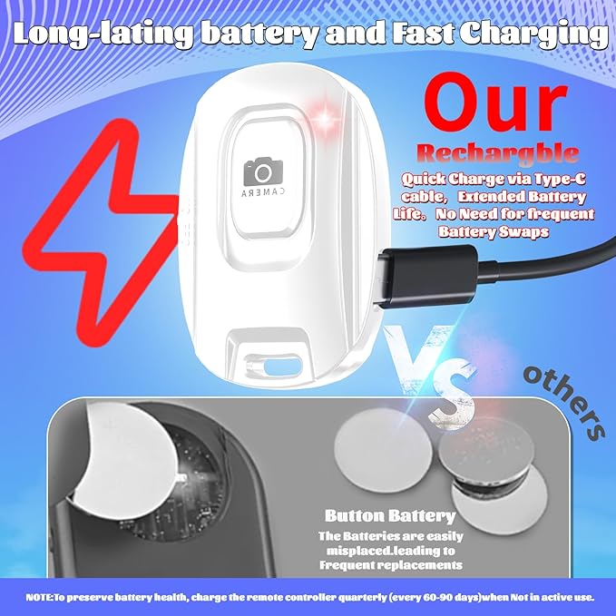 Bluetooth Camera Remote Shutter for iPhone and Android Smartphones, Rechargeable Wireless Phone Remote Control,Selfie Button for Photos and Videos, Charging Cable Included-White