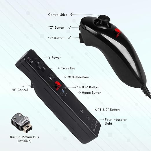 Digital Dynasty 2 Pack Motion Plus Wii Controller with Nunchuks - Wii Remote with Nunchuks Compatible with Nintendo Wii & Wii U (Black)