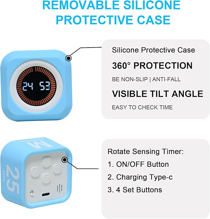 Rotating Cube Visual Pomodoro Timer 5, 25, 10 50 Minutes Preset + Custom Countdown, Rechargeable Desk Productivity Flip Timer with Detachable Silicone Cover for ADHD Study Work Kitchen School (Black)