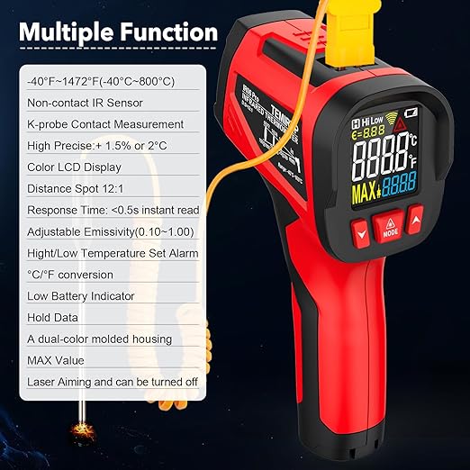 Infrared Thermometer Temperature Gun, TEMIRUP Digital IR Laser Thermometer -40°F~1472℉,K-Type Probe -40°F~1202°F, IR Temp Gun for Cooking, Pizza Ovens, Griddles, Meat, HVAC, Home & Industrial