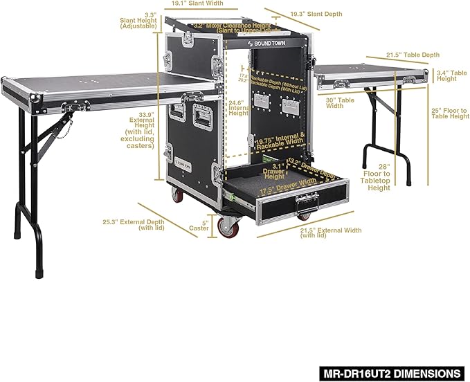 Sound Town 16U PA DJ Pro Audio Rack/Road ATA Case with 2U Drawer, 11U Slant Mixer Top, Two DJ Work Tables, Casters, Pro Tour Grade (MR-DR16UT2)