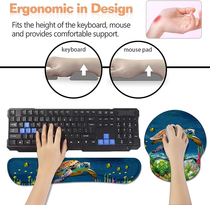 Keyboard Wrist Rest + Mouse Pad Wrist Support Set with Coasters, Non-Slip PU Base Ergonomic Mousepad for Home Office Working Studying Easy Typing & Pain Relief, Sea Turtle