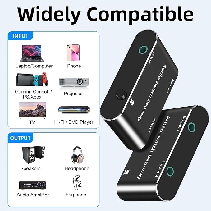 Audio Switch 3.5mm Bi-Direction Switch,Stereo Audio Switcher 2 in 1/1 in 2 Out,A udio Swit ch Headphone Manual Selector Splitter for PC Phone Laptop Headphone(Black)