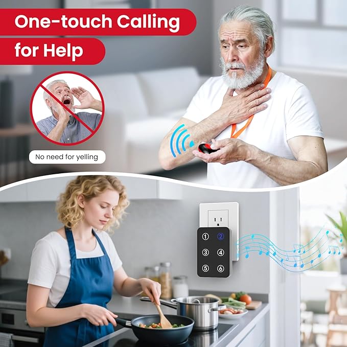 CallToU Wireless Call Button Caregiver Pager Nurse Call System for Elderly/Patients at Home/Hospital with Voice Announcements and LED Number Display (6 Waterproof Call Button & 1 Receiver)